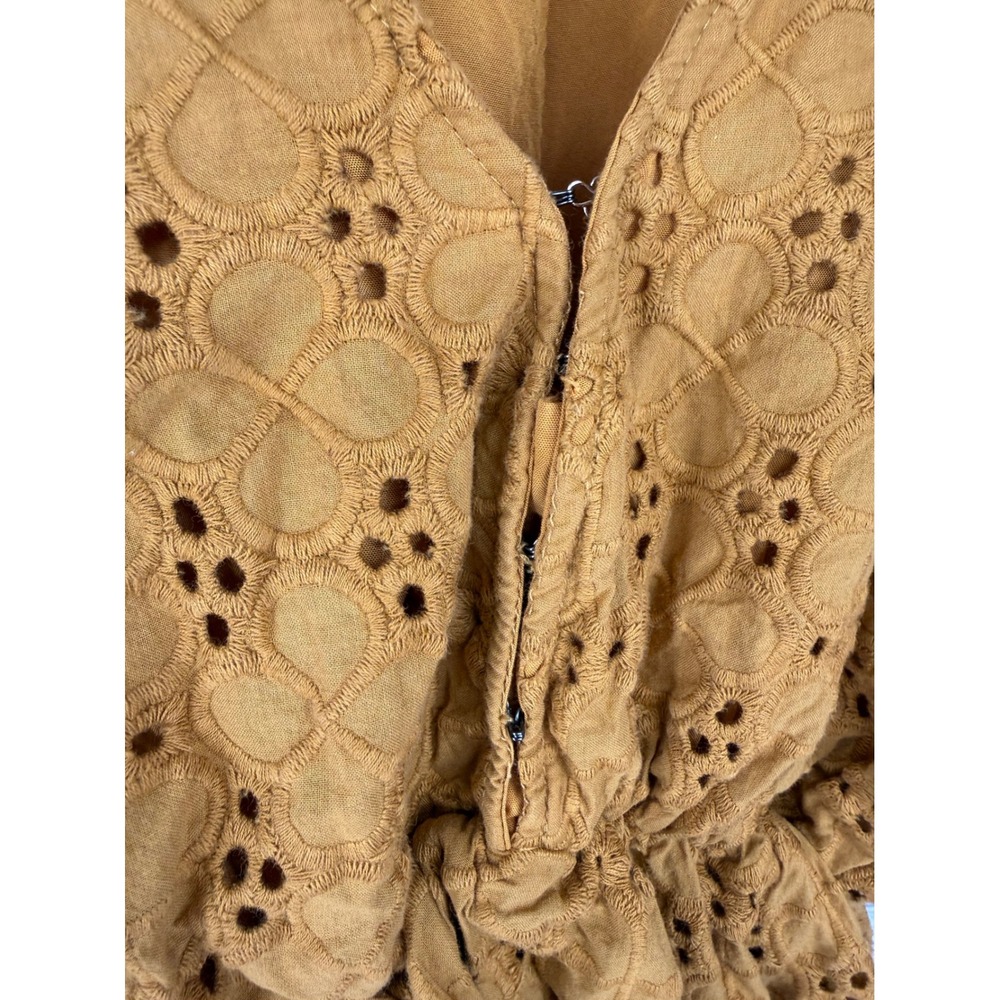 ByTogether Eyelet Mini Dress M Mustard Boho Cottagecore Prairie Puff Sleeve - Picture 5 of 12